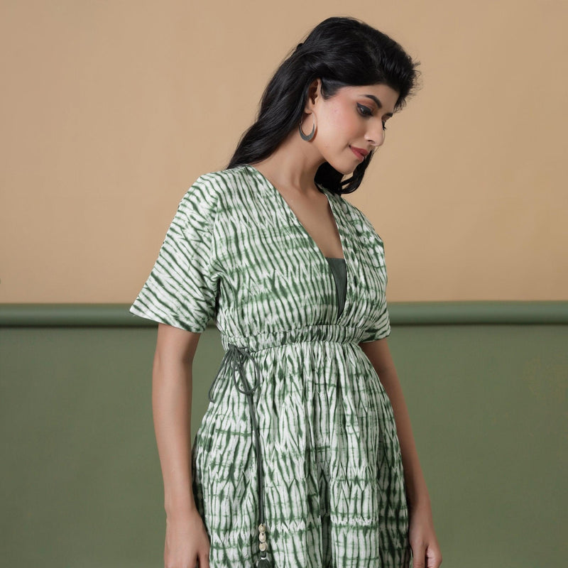 Right Detail of a Model wearing Forest Green Shibori Tie-Dye Cotton Knee Length Dress