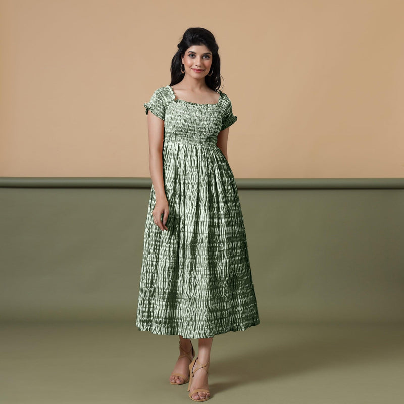 Front View of a Model wearing Dark Green Shibori Elasticated Gathered Dress