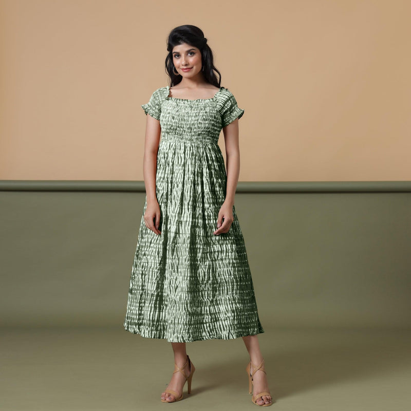 Front View of a Model wearing Dark Green Shibori Elasticated Gathered Dress