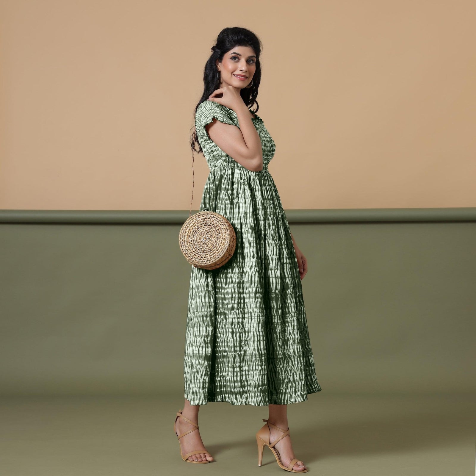 Shibori Cotton Tie Dye Maxi Dress Forest Green Shibori Tie-Dye Cotton Maxi  Gathered Dress 34"