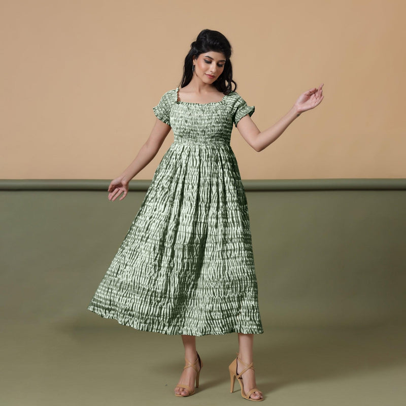 Front View of a Model wearing Dark Green Shibori Elasticated Gathered Dress