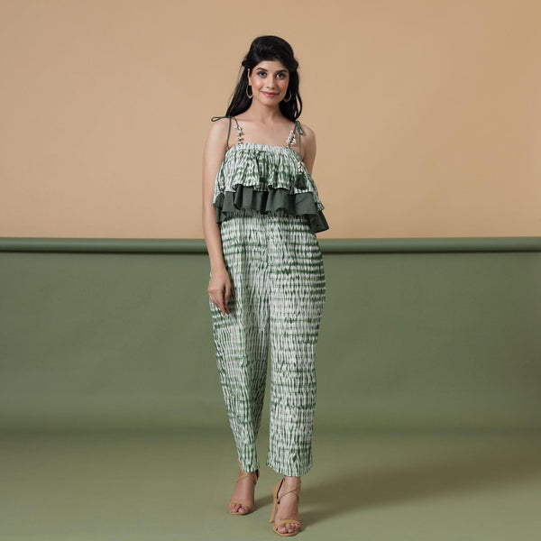 Front View of a Model wearing Fern Green Shibori Frilled Camisole Jumpsuit