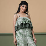 Front View of a Model wearing Fern Green Shibori Frilled Camisole Jumpsuit