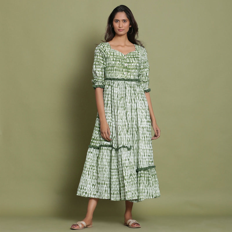 Forest Green Tie-Dye Asymmetrical Cotton Maxi Dress