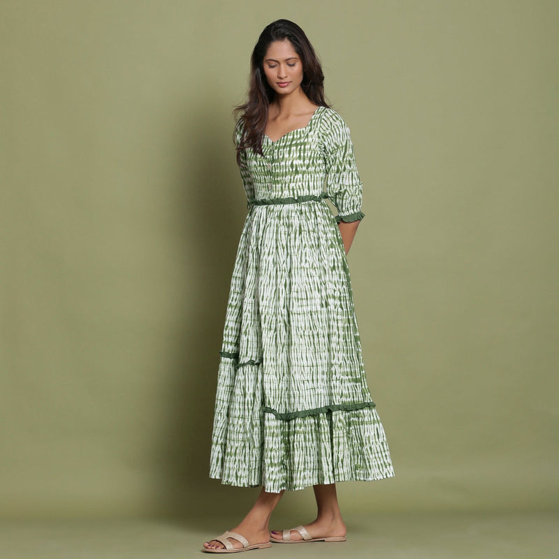 Forest Green Tie-Dye Asymmetrical Cotton Maxi Dress