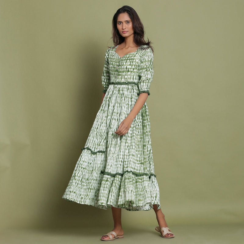 Forest Green Tie-Dye Asymmetrical Cotton Maxi Dress