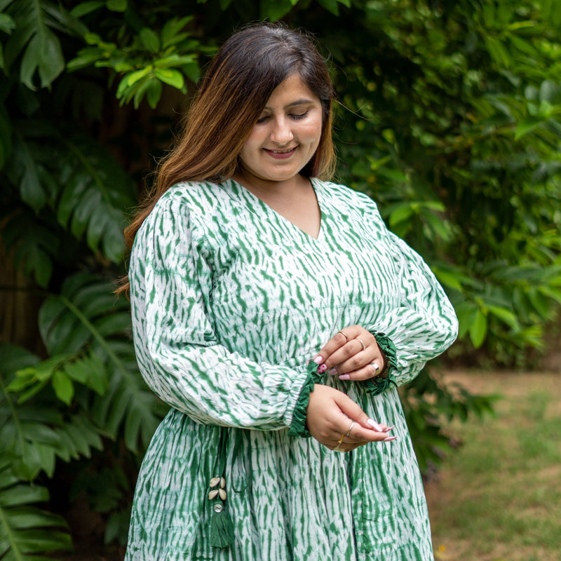 Forest Green Tie-Dye Cotton Bohemian Knee Length Gathered Dress