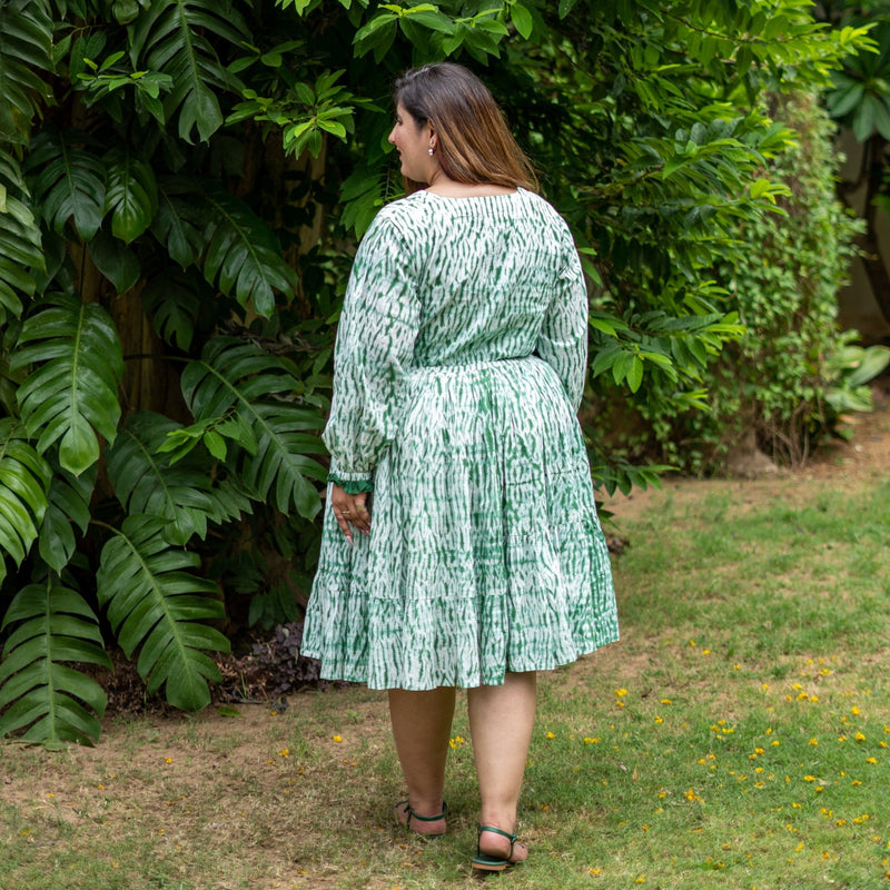 Forest Green Tie-Dye Cotton Bohemian Knee Length Gathered Dress