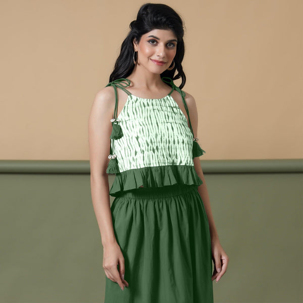 Front View of a Model wearing Dark Green Shibori Camisole Top