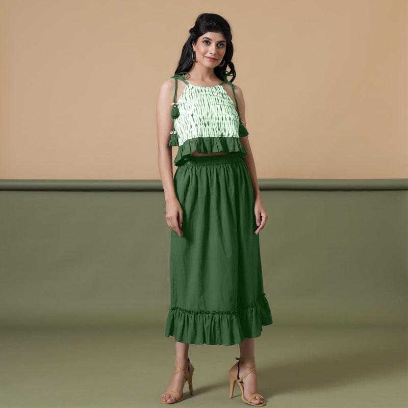 Front View of a Model wearing Dark Green Shibori Camisole Top