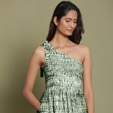 Front View of a Model wearing Dark Green Shibori One-Shoulder Midi Dress