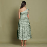 Back View of a Model wearing Dark Green Shibori One-Shoulder Midi Dress