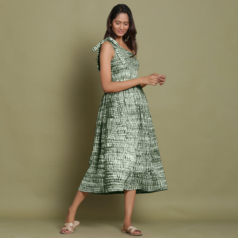 Right View of a Model wearing Dark Green Shibori One-Shoulder Midi Dress