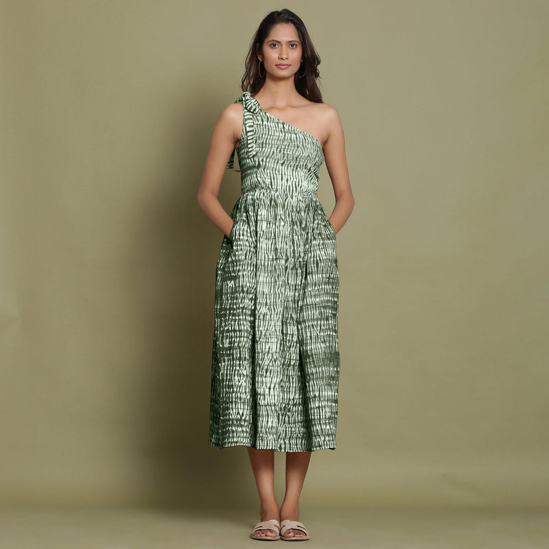 Front View of a Model wearing Dark Green Shibori One-Shoulder Midi Dress