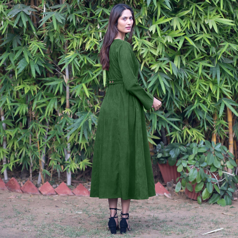 Forest Green Warm Cotton Corduroy Deep Neck Midi Wrap Dress