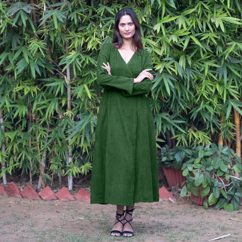 Forest Green Warm Cotton Corduroy Deep Neck Midi Wrap Dress