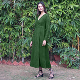 Forest Green Warm Cotton Corduroy Deep Neck Midi Wrap Dress