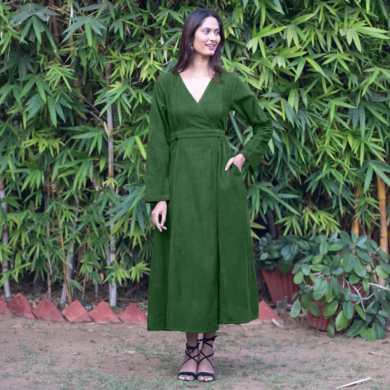 Forest Green Warm Cotton Corduroy Deep Neck Midi Wrap Dress