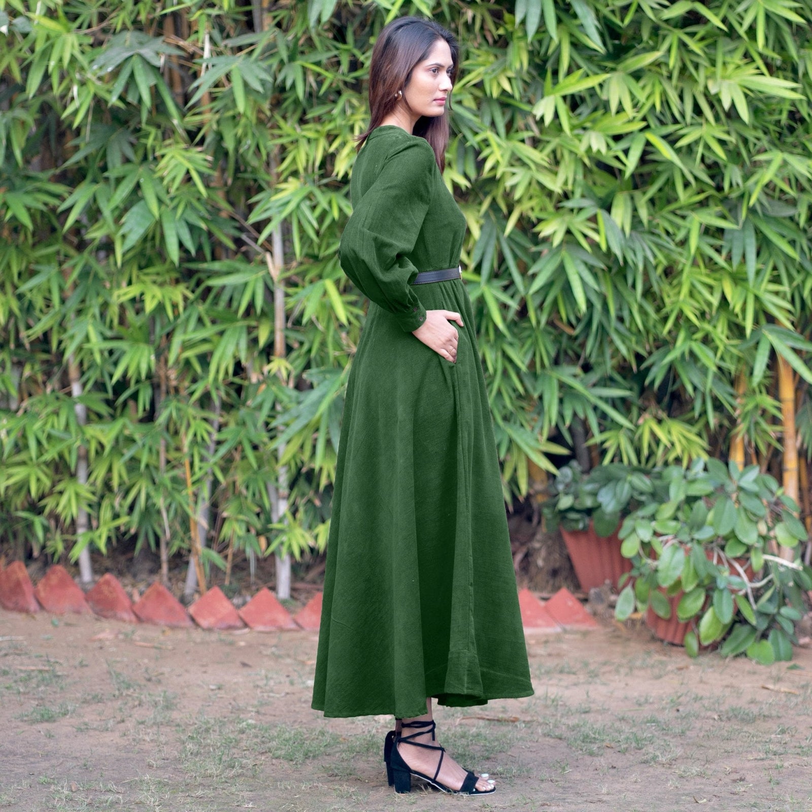 Forest Green Warm Cotton Corduroy Fit and Flare Maxi Dress 58