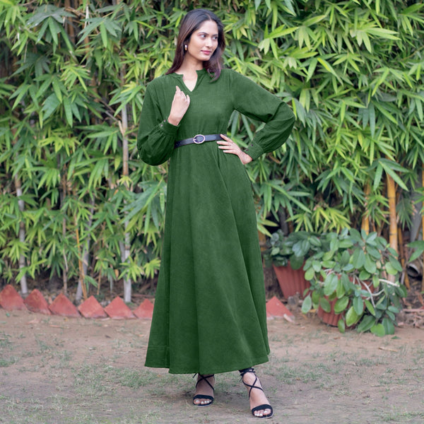 Forest Green Warm Cotton Corduroy Fit and Flare Maxi Dress