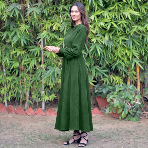 Forest Green Warm Cotton Corduroy Fit and Flare Maxi Dress