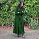 Forest Green Warm Cotton Corduroy Fit and Flare Maxi Dress