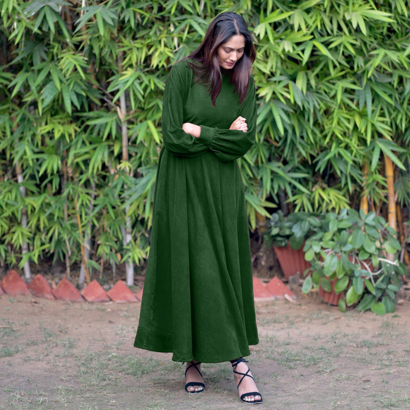 Forest Green Warm Cotton Corduroy Fit and Flare Maxi Dress 58" / Custom Height (Free) Forest Green Warm Cotton Corduroy Fit and Flare Maxi Dress 58" / Custom Height (Free)