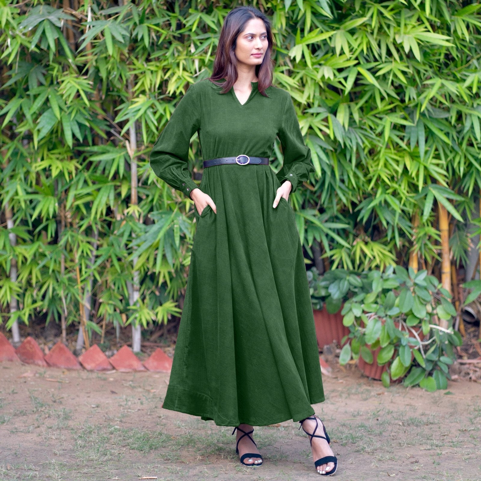 forest green dress long sleeve 100% Cotton Green Long Sleeve Midi Dress - All Dresses