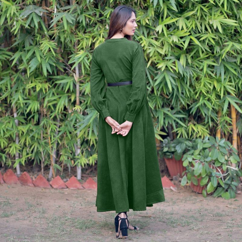 Forest Green Warm Cotton Corduroy Fit and Flare Maxi Dress 58" / Custom Height (Free) Forest Green Warm Cotton Corduroy Fit and Flare Maxi Dress 58" / Custom Height (Free)
