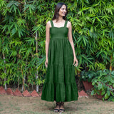 Forest Green Warm Cotton Corduroy Gathered Maxi Tier Dress