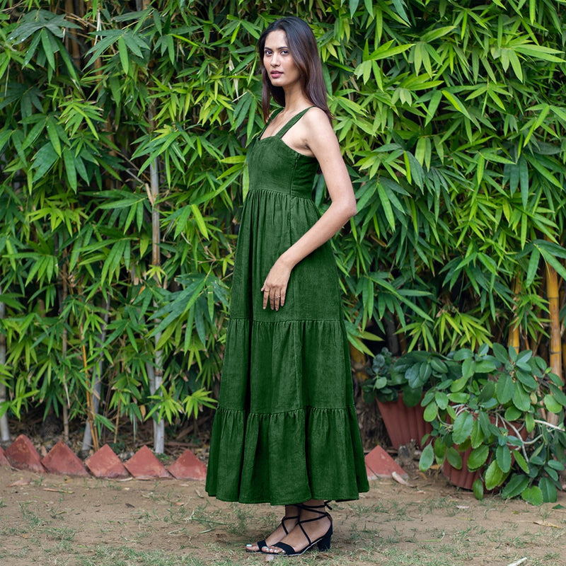 Forest Green Warm Cotton Corduroy Gathered Maxi Tier Dress