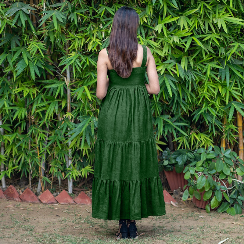 Forest Green Warm Cotton Corduroy Gathered Maxi Tier Dress