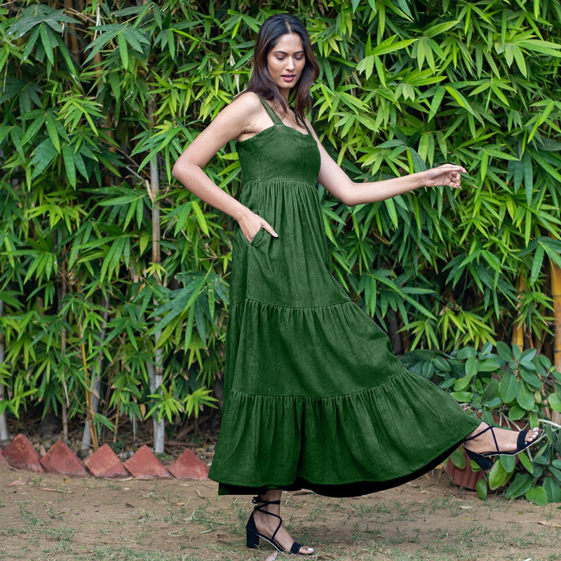 Forest Green Warm Cotton Corduroy Gathered Maxi Tier Dress 32" / Tall (5'7" and above) Forest Green Warm Cotton Corduroy Gathered Maxi Tier Dress 32" / Tall (5'7" and above)
