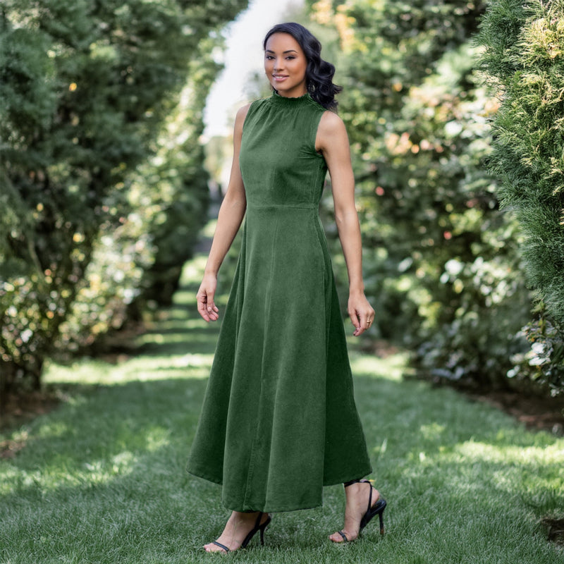 Forest Green Warm Cotton Corduroy High-Neck Sleeveless Slit Dress 30