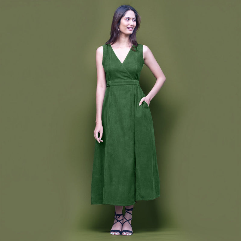 Forest Green Warm Cotton Corduroy Sleeveless Midi Wrap Dress Custom Size (Free) / Custom Height (Free) Forest Green Warm Cotton Corduroy Sleeveless Midi Wrap Dress Custom Size (Free) / Custom Height (Free)