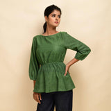 Forest Green Yarn Dyed Cotton Round Neck Peplum Top