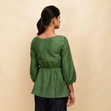 Forest Green Yarn Dyed Cotton Round Neck Peplum Top