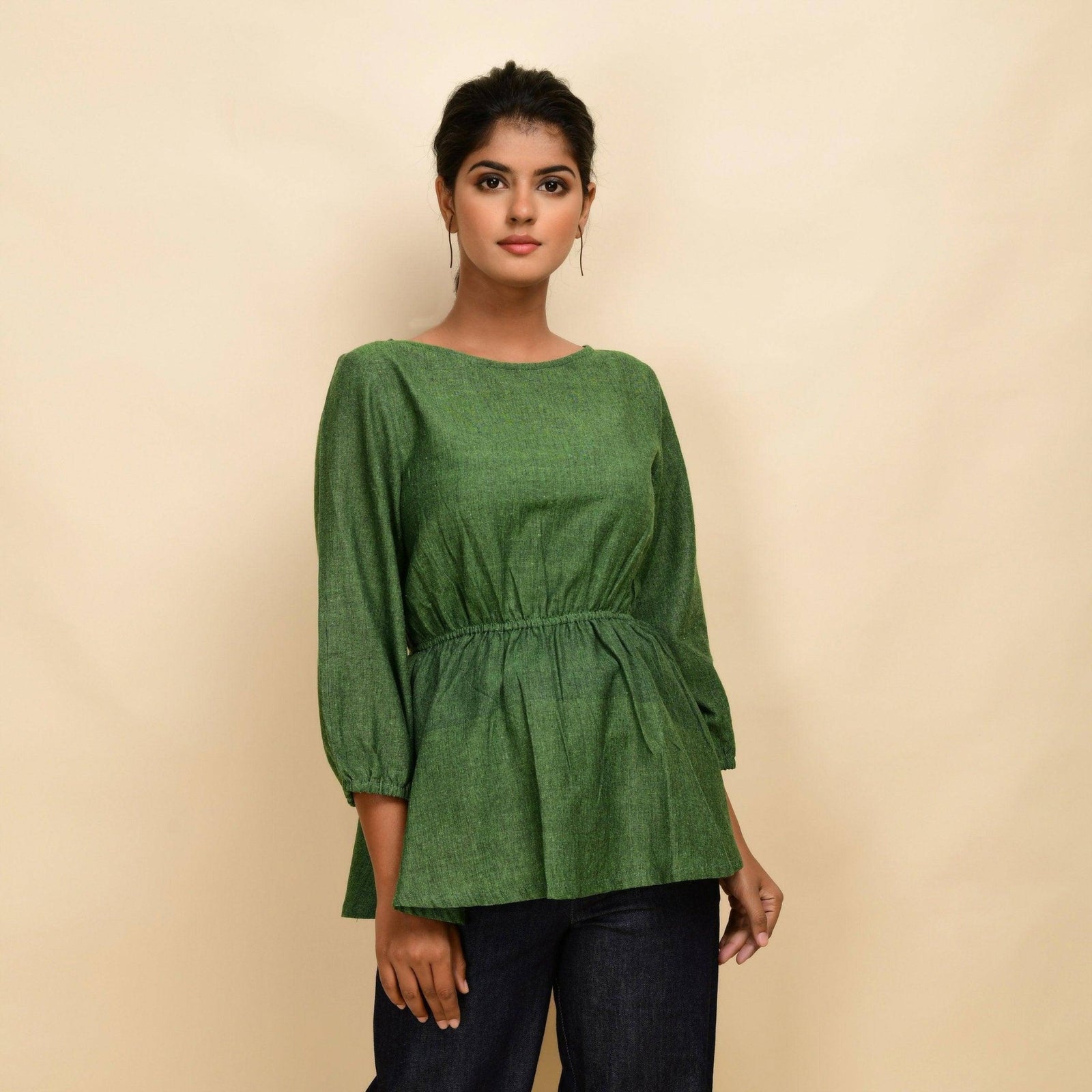 Buy Forest Green Yarn Dyed Cotton Round Neck Peplum Top Online at SeamsFriendly