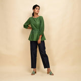 Front View of a Model wearing Forest Green 100% Cotton Round Neck Peplum Top