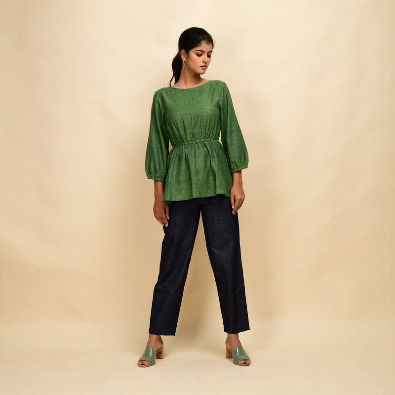 Forest Green Yarn Dyed Cotton Round Neck Peplum Top