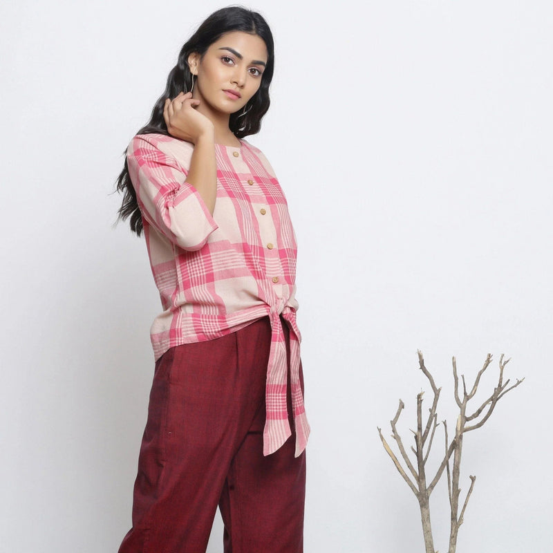 Right View of a Model wearing Fuchsia and Pink Tie Up Button-Down Top