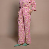 Left View of a Model wearing Fuchsia Floral Block Print Cotton Comfy Pants