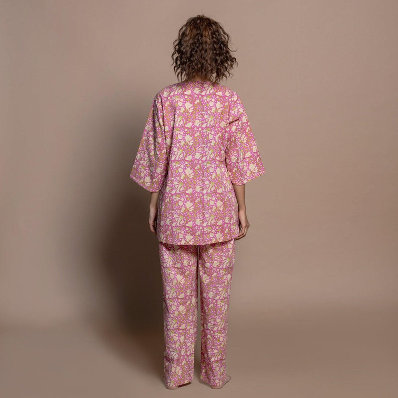 Back View of a Model wearing Cotton Block Print Comfy Loungewear Set