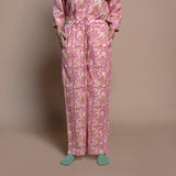 Front View of a Model wearing Fuchsia Floral Block Print Cotton Comfy Pants