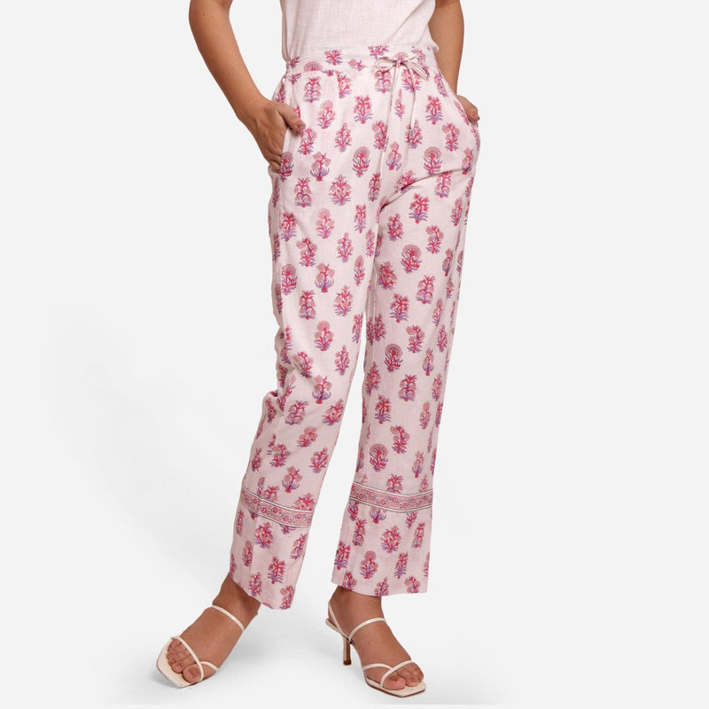 Front View of a Model wearing Fuchsia Block Printed Straight Pant