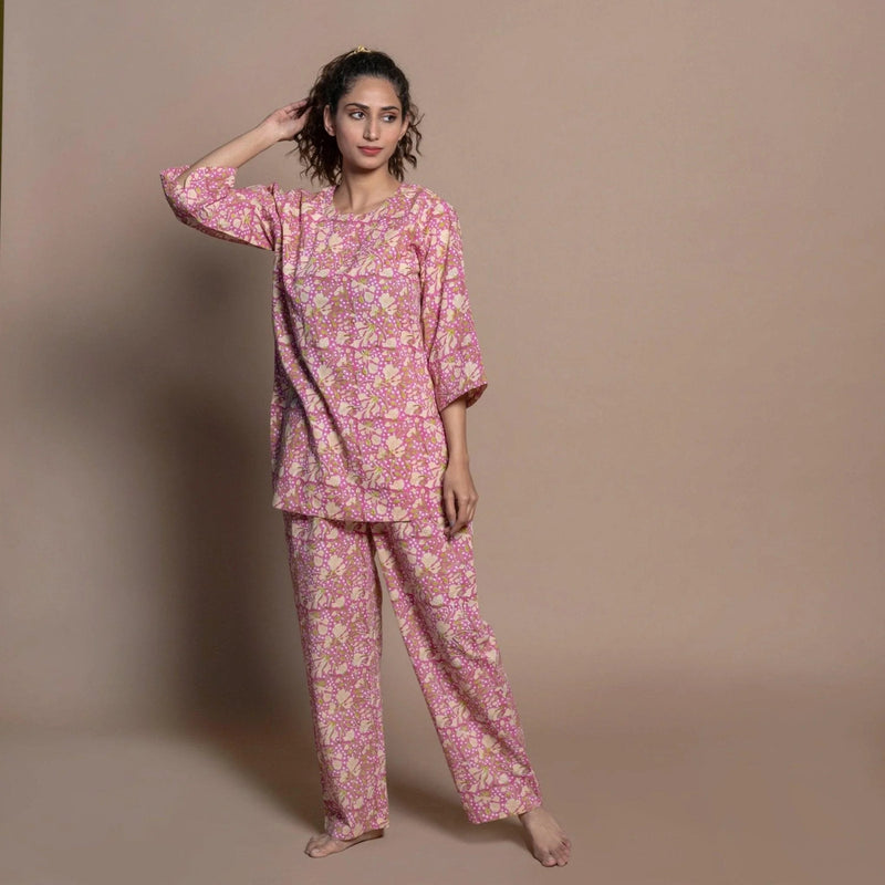 Front View of a Model wearing Fuchsia Floral Block Printed Cotton Tunic Top