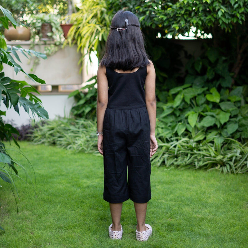 Girls - Black Cotton Flax Button-Down Midi Jumpsuit