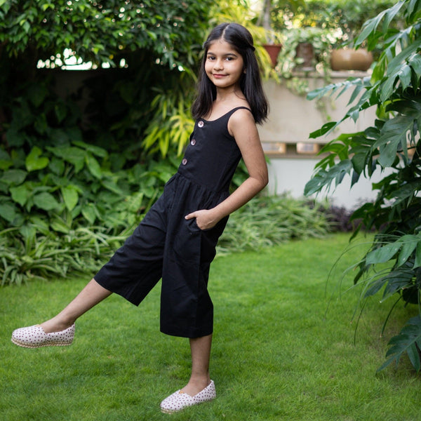 Girls - Black Cotton Flax Button-Down Midi Jumpsuit