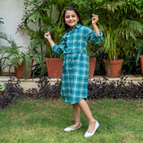 Girls - Bottle Green Checks Cotton Midi Shirt Dress