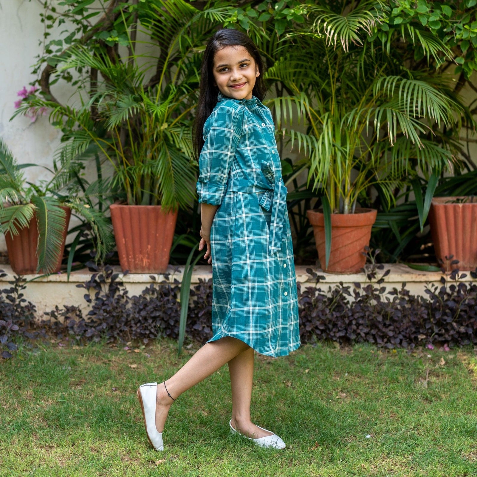 Girls - Bottle Green Checks Cotton Midi Shirt Dress Custom Size (Free) / 3'10